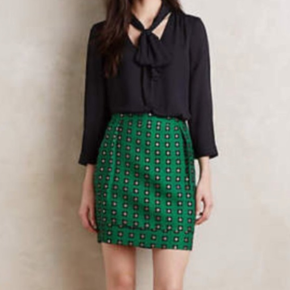 Anthropologie HD In Paris Garden Glimmer Green Floral Metallic Mini Skirt Size 4